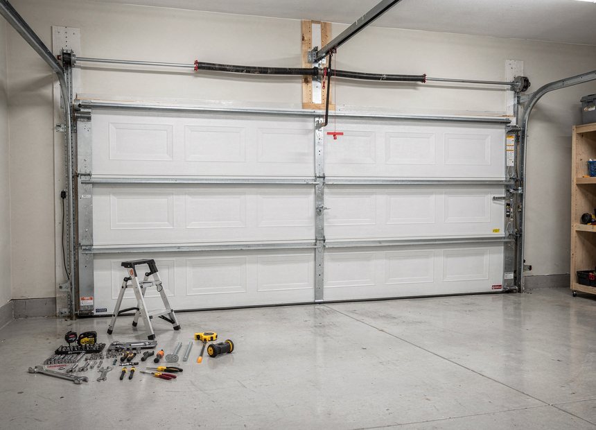 Technician van and garage door being repaired at a Tuscaloosa, AL home