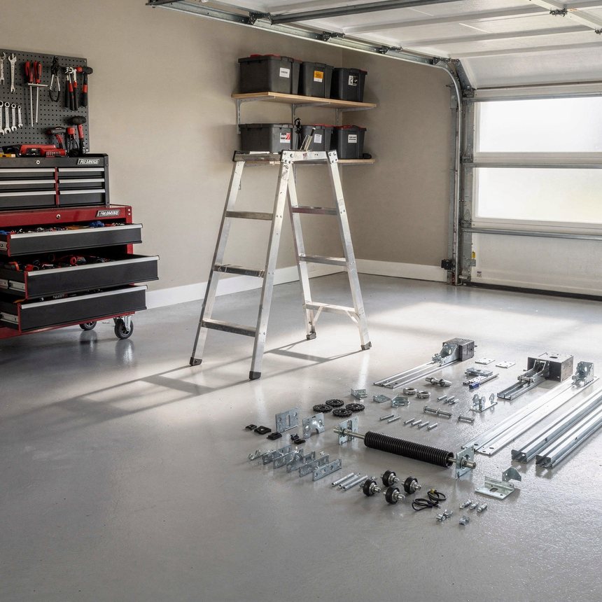 Garage door technician repairing a door in Tuscaloosa, AL